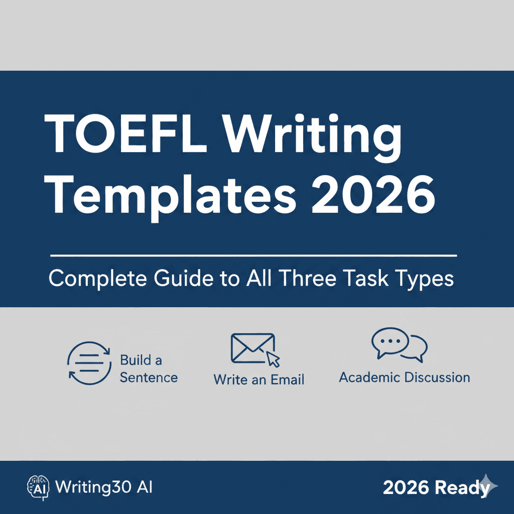 TOEFL Writing Templates 2026 Infographic: Complete Guide to All Three Task Types - Build a Sentence (grammar/word order), Write an Email (professional communication), and Academic Discussion (engage with peers). Updated for the 2026 format with icons for each task type.