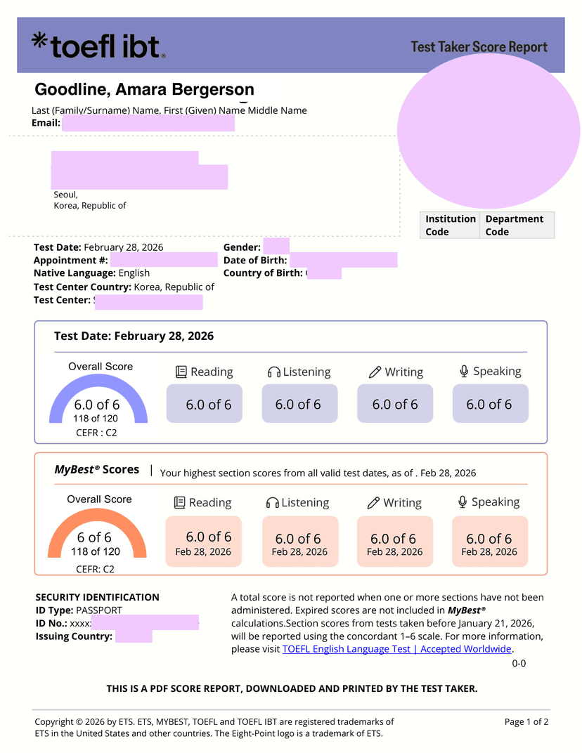 Amara Bergerson's official TOEFL iBT score report: Writing 6.0 of 6, overall 118 of 120 (CEFR C2), test date February 28, 2026