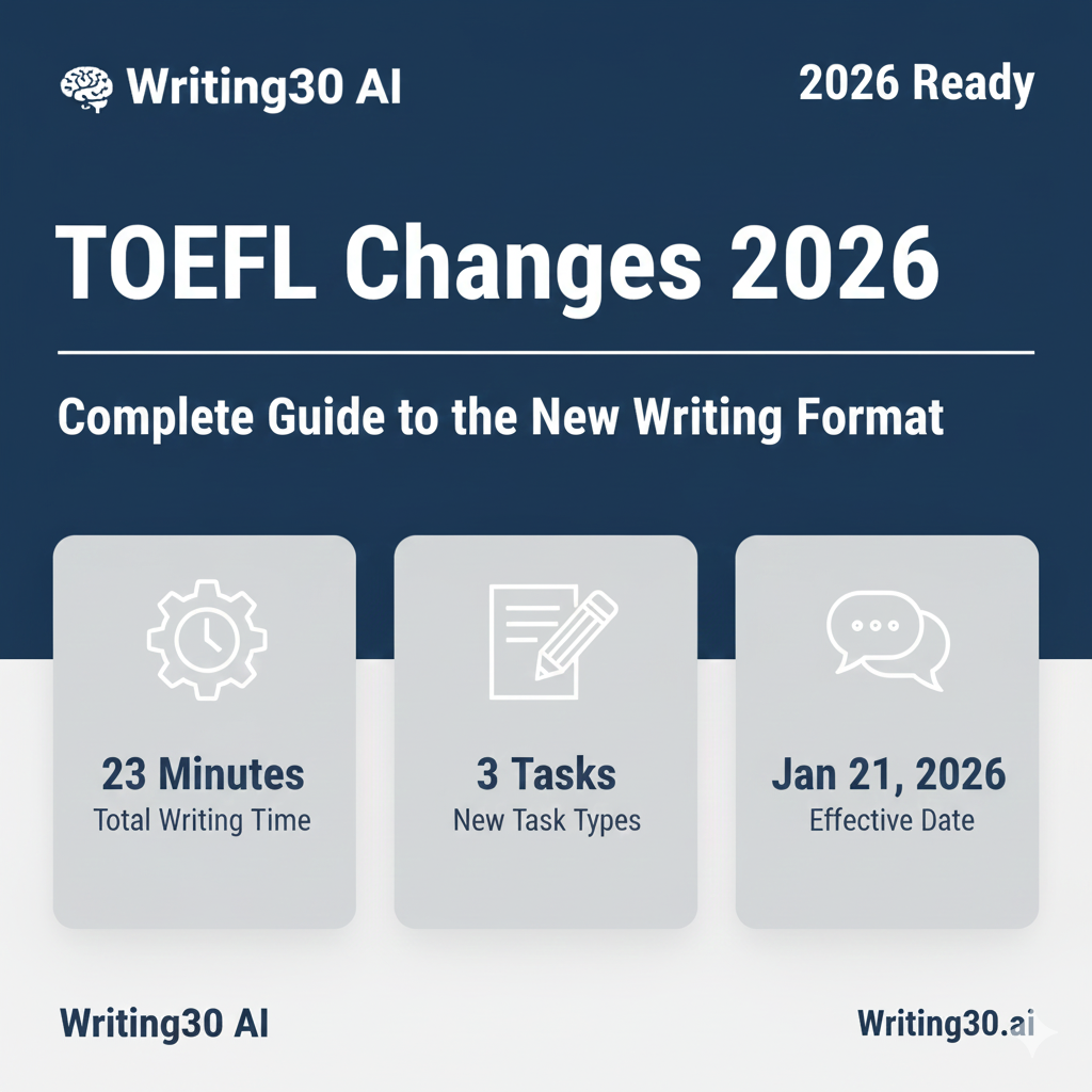 TOEFL 2026 Changes Visual Summary: New writing tasks (Build a Sentence, Write an Email, Academic Discussion), timing, and scoring changes